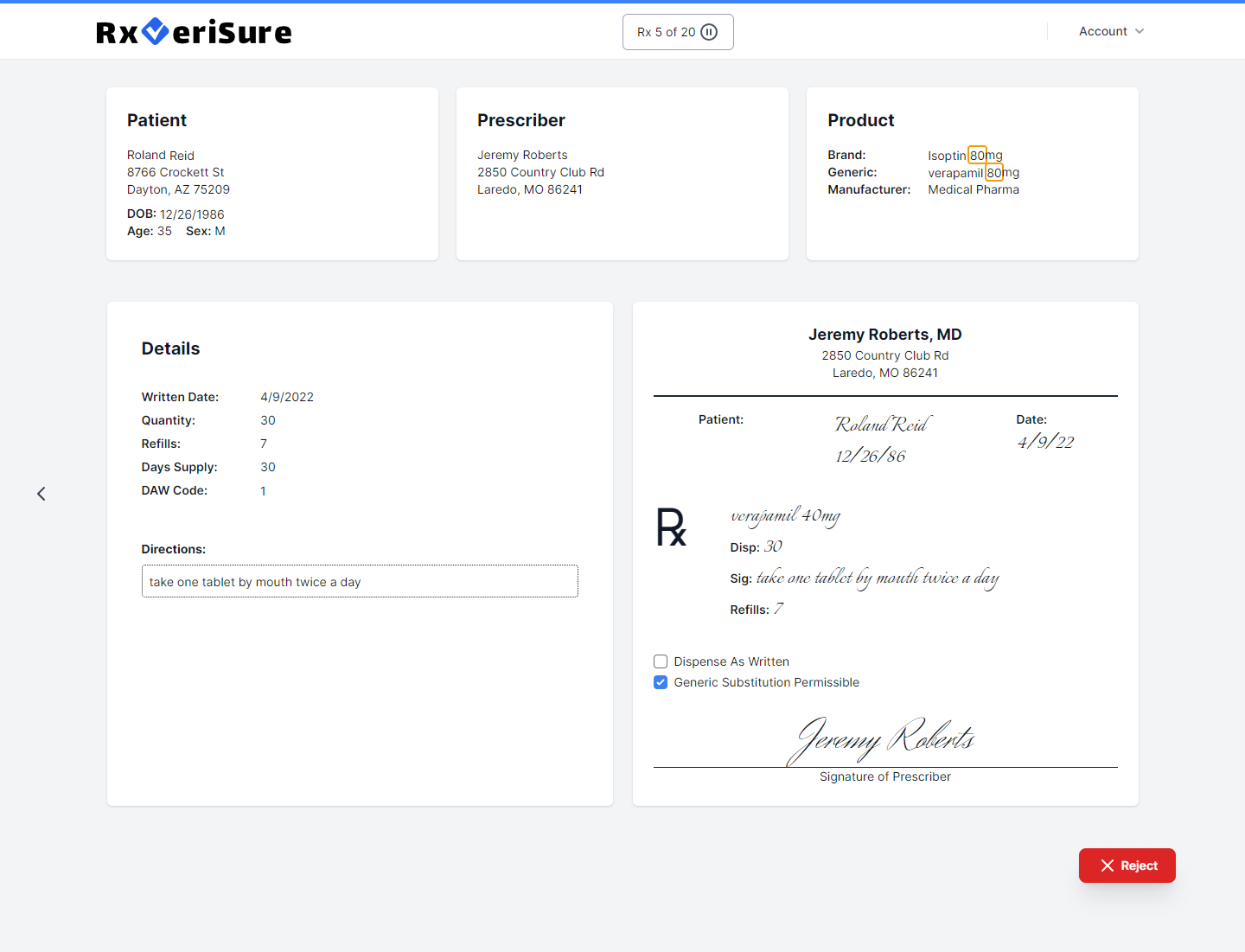 Screenshot of verifying a prescription with an error in RxVeriSure